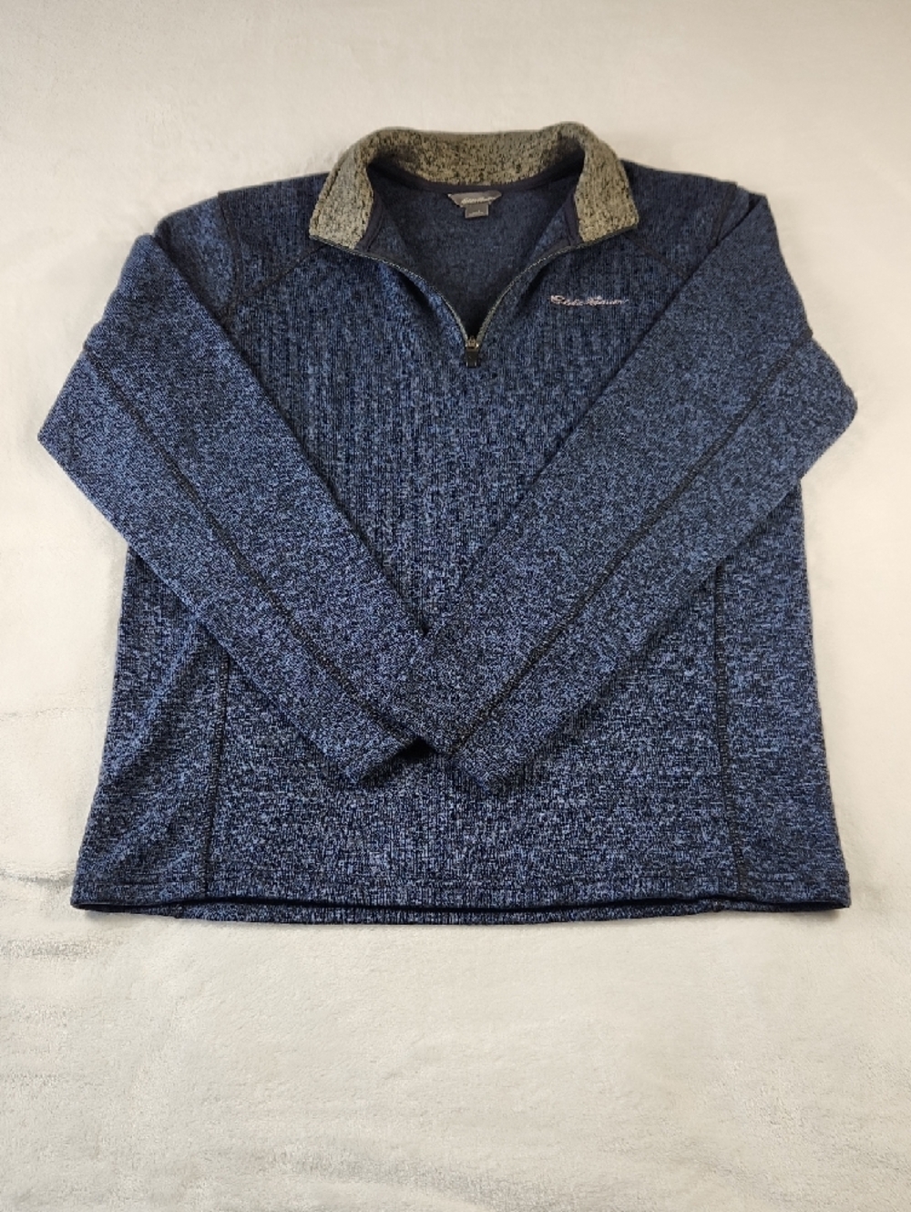 Eddie Bauer Men's L Quarter Zip Pullover Heather Navy Blue with Gray Collar - Picture 16 of 16